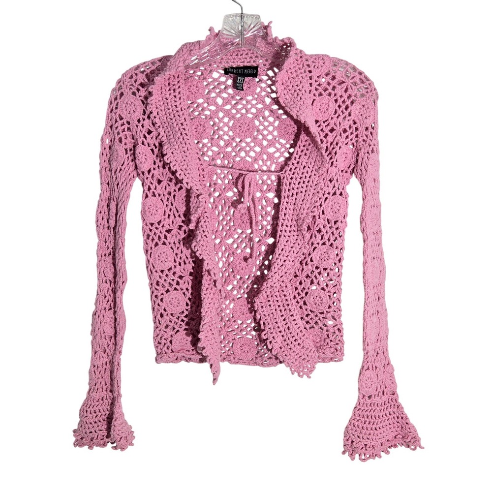 CURRENT MOOD Dolls Kill X S Pink Crochet Flower Bell Sleeve Retro‎ Cardigan